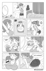 arms_up ass ass_expansion bent_over breast_expansion breasts cleavage comic dakunart english_text female female_only giantess growth huge_breasts midriff monochrome ponytail shorts solo solo_female speech_bubble tank_top text