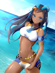 1girls 2019 armband bare_arms bare_legs bare_shoulders bare_thighs belly_chain black_hair blue_eyes blue_hair breasts curvaceous curvy curvy_body curvy_female curvy_figure curvy_hips dark-skinned_female dark_skin earrings female female_only game_freak guxu gym_leader hi_res highres hoop_earrings large_breasts long_hair looking_at_viewer medium_breasts midriff multicolored_hair narrow_waist navel necklace nessa_(pokemon) nintendo pokemon pokemon_ss shiny skinny solo sports_bra sweat sweatdrop sweating swimsuit swimwear tagme thighs wide_hips