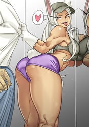 1boy 1girls animal ass bangs bed big_ass big_breasts big_eyelashes blush bottomless breasts bunny_ears bunny_tail clothing covered ear gym_clothes gym_shorts huge_ass miruko muscular_female my_hero_academia rumi_usagiyama teasing thick_thighs