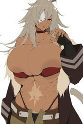 1girls abs aizawa_marimo big_breasts breasts cat_ears dark-skinned_female dark_skin eyepatch female female_only ghislaine_dedoldia gray_hair huge_breasts muscular_female mushoku_tensei overflowing_breasts pubic_hair solo tagme