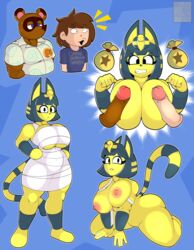 absurd_res animal_crossing ankha anthro areola bandage big_breasts blue_background breasts domestic_cat felid feline felis female genitals hi_res human human_on_anthro interspecies male male/female mammal mklancer00 nintendo nipples penis penis_on_breast poggers simple_background tom_nook video_games yellow_body