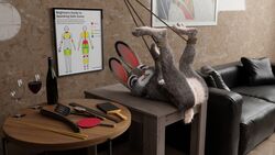 3d_(artwork) alcohol anthro ass belt beverage blue_eyes bondage bottle bound chopsticks detailed_background digital_media_(artwork) disney female flat_chest fur furniture genitals glass grey_body grey_fur hi_res imminent_spanking judy_hopps lagomorph legs_up leporid looking_at_viewer lying mammal oldwing on_back on_table pussy rabbit racket raised_arm restrained rope rope_bondage smile sofa solo spatula table tools wine zootopia