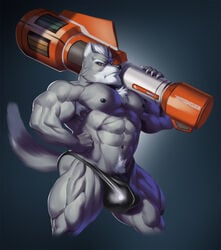 2021 abs anthro armpit_hair barazoku biceps big_bulge big_muscles body_hair bulge canid canine canis chest_hair clothing frown fur grey_background grey_body grey_fur guzreuef hair hand_on_hip hi_res holding_object holding_weapon huge_muscles looking_at_viewer male male_only mammal muscular muscular_anthro muscular_male navel nintendo nipples pecs pubes quads rocket simple_background solo standing star_fox thong underwear video_games weapon wolf wolf_o'donnell