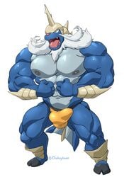 1boy abs absurd_res anthro anthrofied balls_outline bara beard bulge clothing facial_hair flexing genital_outline hi_res jockstrap maldu male male_only muscular muscular_anthro muscular_male nintendo nipples open_mouth partially_clothed pecs penis_outline pokémon_(species) pokemon samurott simple_background solo standing topless underwear video_games white_background yellow_underwear