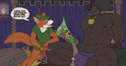 3boys anthro arrow blindfold bondage bound bulge canid canine cheek_tuft clothing coin disney dogandchain facial_tuft fox fur gag gagged gay gold_(metal) gold_jewelry green_clothing group jewelry little_john male male/male male_only mammal mask muscular muscular_male orange_body orange_fur panties poking purdah purple_underwear robin_hood robin_hood_(disney) treasure_chest tuft underwear ursid yaoi