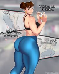 1girls 2021 ass big_ass big_butt blush bottomwear brown_eyes brown_hair bubble_ass bubble_butt chun-li clothing dialogue earrings female foxicube gym heart human large_breasts looking_back offscreen_character short_hair sports_bra sportswear street_fighter sweat text topwear twin_buns weightlifting weights white_skin yoga_pants