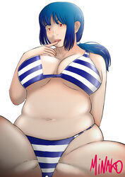 big_breasts bikini blue_hair chubby curvy minako pinup red_eyes