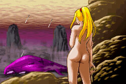 ass back back_view blonde_hair dat_ass deviantart edit gun holding holding_arm holding_gun metroid metroid_zero_mission mobsterbiaa mountain mountains naked nude nude_edit pixel pixel_art ponytail samus_aran screenshot_edit solo spaceship sprite sprite_art sprite_edit third-party_edit