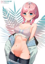 arknights bare_shoulders blue_eyes blue_poison_(arknights) blue_poison_(shoal_beat)_(arknights) blush braids ett female highres legwear looking_at_viewer medium_breasts medium_hair navel nipples_visible_through_clothing paw_print paw_tattoo pink_hair presenting presenting_pussy pussy shaved_pussy solo_female tagme tattoo thighs topwear