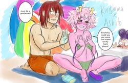 1boy 1boy1girl 1girls beach black_sclera blush colored_sketch covering_breasts eijirou_kirishima english_text female horns kirimina male male/female mina_ashido minoru_mineta my_hero_academia nosebleed peeping pink_hair pink_skin red_hair straight sunscreen swimsuit text thumbs_up watching