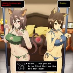 2girls areolae asriel_dreemurr bangs bare_shoulders bed bedroom bedroom_eyes bell bell_collar belly blue_bra blue_collar blue_lingerie blue_panties blush bra breasts brown_eyebrows brown_hair cat_bra cat_ears cat_lingerie cat_panties cat_pose cat_tail catgirl chara cleavage cleavage_cutout clothing collar cropped_legs cute dark_brown_hair dark_hair detached_collar dialogue dialogue_box embarrassed erect_nipples eyebrows eyelashes eyes fanart fangs female female_only fingers frilly_bra frisk green_bra green_collar green_lingerie green_panties hair hair_between_eyes hairless_pussy heart heart_locket inner_sideboob light_brown_hair lingerie medium_hair mound_of_venus nails navel necklace nipples nude nude_female panties pillow pussy red_eyes red_heart rosy_cheeks seductive seductive_look seductive_smile shaved_pussy small_breasts smile soul text thighs thighs_together undertale unusual_pupils vegasvat white_skin yellow_eyes yellow_skin