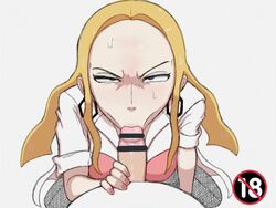 1boy 1girls angry angry_fellatio blonde_hair blowjob censor_bar censored eye_contact fellatio fellatio_gesture female long_hair looking_at_viewer mature_female nintendo nuranura-san oleana_(pokemon) oral penis pokemon pokemon_ss red_nails small_penis white_background