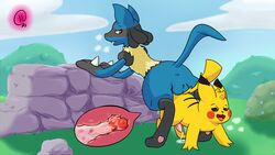 anal animal_genitalia blue_fur cum cum_inside furry gay kakau221 lucario male male_only nintendo pikachu pokemon pokemon_(species) public public_sex yaoi yellow_fur