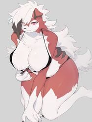 1girls baburusushi big_breasts bikini black_highlights female female_only fur furry furry_only grey_background hi_res kneeling long_hair looking_at_viewer lycanroc midnight_lycanroc narrowed_eyes nintendo nude nude_female pokémon_(species) pokemon pokemorph red_eyes red_fur sharp_claws slit_pupils solo solo_female thick_thighs voluptuous white_fur white_hair