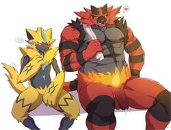 2boys abs balls bara bodily_fluids disiwjd drooling duo gay genital_fluids genitals hi_res incineroar legendary_pokémon male male/male male_only muscular muscular_male nintendo nipples pecs pokémon_(species) pokemon precum saliva simple_background size_difference sweat towel video_games white_background zeraora