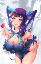 1girls absurdres blue_eyes blush cleavage cuffs detached_collar dress fate/grand_order fate_(series) female fingernails fur_trim heart highres huge_breasts long_hair looking_at_viewer open_mouth pelvic_curtain pinchuu purple_hair smile solo yang_guifei_(fate/grand_order)