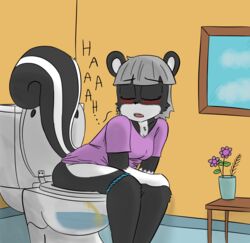 anthro bathroom black_body black_fur blue_clothing blue_panties blue_underwear blush bodily_fluids clothed clothing digital_media_(artwork) english_text female flower fur furniture genital_fluids gloves_(marking) hair hi_res mammal markings mephitid notmypornaccount open_mouth panties peeing plant relief relieved shirt sitting skunk solo stripes t-shirt table text toilet toilet_use topwear underwear urine white_body white_fur window