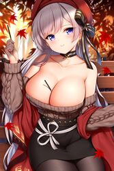 1girls 2019 autumn autumn_leaves azur_lane bangs bare_shoulders belfast_(azur_lane) belfast_(shopping_with_the_head_maid)_(azur_lane) beret big_breasts blue_eyes blush breasts brown_sweater choker cleavage clothed collarbone earrings eyebrows_visible_through_hair female highres large_breasts long_hair looking_at_viewer off-shoulder_sweater off_shoulder oppai outdoors pantyhose pocky purple_eyes red_headwear sitting skirt sweater very_long_hair white_hair wsman