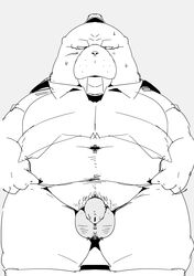 2021 anthro balls belly bodily_fluids clothing flaccid flaccid_penis foreskin gay genitals hat headgear headwear hi_res hiroshi_odokawa_(odd_taxi) humanoid_genitalia humanoid_hands humanoid_penis kemono male male_only mammal marine monochrome navel odd_taxi overweight overweight_anthro overweight_male penis pinniped shirt sigenoya solo sweat takotyutyu topwear uncircumcised walrus yaoi