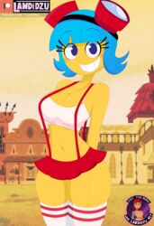 aged_up blue_eyes blue_hair blush color_edit desert edit el_tigre eyelashes eyewear_on_head female frida_suarez goggles goggles_on_head hourglass_figure landidzu latina looking_at_viewer nickelodeon paramount_pictures shiny_skin skirt solo standing thighhighs viacom yellow_skin