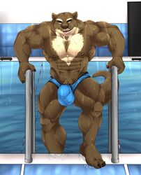 2021 abs anthro barazoku big_muscles bulge clothing friday_(friday_otter) genital_outline hi_res inside looking_at_viewer lutrine male male_only mammal muscular muscular_anthro muscular_male mustelid navel nipples obliques pecs poolside pubes smile solo speedo swimwear taighet_28 water wet wet_body wet_clothing