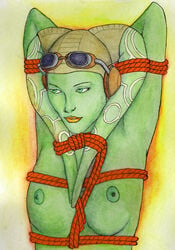 1girls bondage breasts female_focus female_only green_eyes hera_syndulla looking_away nipples nude pose simple_background small_breasts solo star_wars star_wars_rebels sw-ave twi'lek