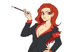 1girls brown_eyes cigarette cigarette_holder cleavage clothed clothing dragon_ball dragon_ball_(classic) earrings female_focus female_only long_hair looking_at_viewer mrs._pepper no_eyewear nortuet original_character pose red_hair red_ribbon revealing_clothes simple_background small_breasts solo white_background