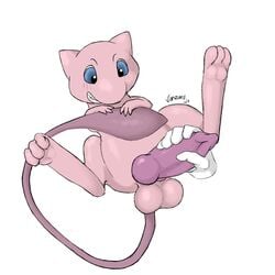 3_fingers 3_toes 5_fingers anthro balls blue_eyes disembodied_hand feet fingers genitals handjob hi_res knot legendary_pokemon male male_only mew nintendo penile penis pink_body pink_penis pokémon_(species) pokemon pokemon_(species) sex solo straight_hair tail_grab toes vanzard video_games white_background