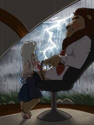 1boy 1girls anthro barefoot bite biting_lip biting_own_lip blush bottomwear bovid caprine chair closed_eyes clothed clothing dawn_bellwether disney duo feet felid fellatio female fully_clothed furniture genitals green_eyes half-closed_eyes hi_res inside interspecies larger_male leodore_lionheart lightning lion male male/female mammal narrowed_eyes necktie oral pantherine pants_around_legs pants_down partially_clothed penile penile_spines penis predator/prey rain raining self_bite sex sheep shirt sitting size_difference skirt smaller_female soulcentinel standing standing_fellatio storm thunder topwear zootopia