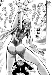 1boy 1girls 70s ass back back_view bare_ass breasts comic curvaceous english_text exhibitionism female gloves go_nagai greyscale human kekko_kamen kekko_kamen_(character) large_breasts male manga mask monochrome naked nude nude_female scarf singing superheroine text