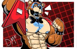 1boy 2021 abs abstract_background animatronic anthro areola bara barazoku biceps big_muscles big_pecs black_nose blue_body blue_eyes bodypaint border bow_tie bracelet brown_body clothing dogmanart ear_piercing ear_ring face_paint fangs fist five_nights_at_freddy's five_nights_at_freddy's:_security_breach glamrock_freddy_(fnaf) guitar guitarist half-closed_eyes hat headgear headwear hi_res jewelry looking_at_viewer machine male male_only mammal manly multicolored_body muscular musical_instrument narrowed_eyes navel nipple_piercing nipples nude open_mouth pecs piercing plucked_string_instrument portrait raised_arm red_background robot robotic_tongue rockstar round_ears sharp_teeth shoulder_guards simple_background smile solo spiked_bracelet spikes standing string_instrument tan_body teeth thick_arms tongue top_hat triceps ursid veiny_arms video_games white_border