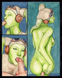 1boy 1girls ass closed_eyes erection fellatio green_eyes hera_syndulla interspecies licking_penis nude open_mouth penis simple_background smile star_wars star_wars_rebels sw-ave tongue_out twi'lek vaginal_penetration