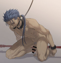 1boy bangs bar_censor barefoot blue_hair blue_pubic_hair bondage bound censored collar completely_nude cu_chulainn_(fate)_(all) cu_chulainn_(fate/stay_night) fate/stay_night fate_(series) flaccid full_body gag gagged highres kneeling leash long_hair looking_at_viewer male_focus male_in_bondage male_pubic_hair mondi_hl nipples nude o-ring penis ponytail pubic_hair red_eyes restrained