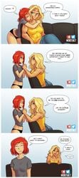 2girls assertive_female beverly_(nortuet) big_breasts blonde_hair blue_eyes breasts cleavage clothed clothing comic english_text female_focus female_only green_eyes half-dressed happy_female hugging humor kissing_neck lesbian lesbians medium_hair multiple_girls nortuet nortuet_universe original panties red_hair revealing_clothes simple_background small_breasts smile tara_(nortuet) text unhappy_female yuri