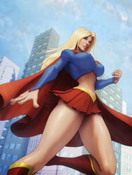 1girls abs bare_midriff barretxiii blonde_hair blue_eyes breasts cape city cityscape clenched_hand clothed dc erect_nipples_under_clothes flying from_below huge_breasts kara_danvers kara_zor-el long_hair looking_at_viewer looking_down midriff miniskirt nipple_bulge outside pinup pose skirt sky solo solo_focus supergirl superheroine superman_(series) toned