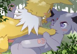 2021 bodily_fluids censored duo eeveelution espeon female feral feral_on_feral grass hi_res jolteon koorinezumi male male/female mosaic_censoring nintendo plant pokémon_(species) pokemon sweat sweatdrop tree video_games