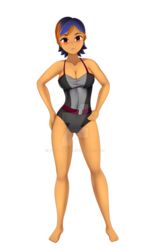 1girls big_breasts blush breasts brown_eyes cleavage clothed clothing colored_hair female_focus female_only looking_at_viewer one-piece_swimsuit pgsrule34 pose revealing_clothes sabine_wren short_hair simple_background smile solo star_wars star_wars_rebels swimsuit watermark