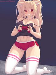 1girls animal_ears blonde_hair blush breasts clothed clothed_female collarbone eyebrows_visible_through_hair female female_only fox_ears fox_girl game_controller kneeling large_breasts looking_at_viewer navel original red_eyes short_shorts shorts strap_slip tagme tail tank_top thick_thighs thighhigh_socks thighhighs tiffy tiffynyaa twintails