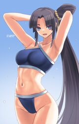 1girls armpits arms_behind_head arms_up belly bikini bikini_bottom bikini_top blue_bikini blue_bikini_bottom blue_bikini_top blue_swimsuit blue_swimwear breasts collarbone covered_breasts covered_nipples covered_pussy fate/grand_order fate_(series) gachou japanese_text long_hair looking_at_viewer navel open_mouth solo standing stomach sweat sweatdrop text translated ushiwakamaru_(fate/grand_order) very_long_hair