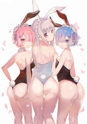 2020 3girls ass_focus blue_eyes blue_hair bunny_ears bunny_tail bunnysuit butt_focus dedeko emilia_(re:zero) female flower_petals long_hair maid_headdress pink_eyes pink_hair purple_eyes ram_(re:zero) re:zero_kara_hajimeru_isekai_seikatsu rem_(re:zero) short_hair showing_ass tagme white_background white_hair