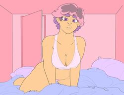 1girls alternate_universe bed bedroom brown_hair cleavage door dyed_hair earrings eyebrows_visible_through_hair female glimmer_(she-ra) large_breasts leaning_forward lips_parted looking_at_viewer nose_piercing open_door panties parted_lips pillow pink_hair pink_panties pink_pillow purple_eyebrows purple_eyes purple_hair she-ra_and_the_princesses_of_power shirt short_hair solo solo_female therod_nsfw white_shirt