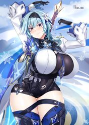 1girls belly_button big_breasts big_thighs blue blush boots curvy eula_(genshin_impact) female genshin_impact gloves happy hourglass_figure huge_breasts massive_breasts smile solo solo_female thick thick_thighs thigh_boots thighhigh_boots thighhighs thighs thin thin_waist tight tight_clothes tight_clothing tight_fit tnolize voluptuous wide_hips