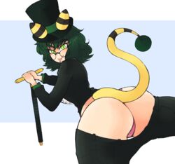 1girls absurd_res alsophys_d._fabula ass cane clothed clothing edu_pompom exposed_ass female female_focus female_only glasses green_eyes green_hair hat hi_res highres horns jacket looking_at_viewer looking_back original original_character panties pants pants_down shirt short_hair showing_ass snake_tongue tail tongue tongue_out