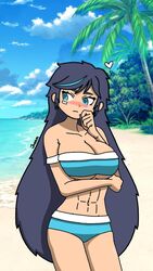 abs beach belly_button big_breasts bikini blue_bikini blue_bra blue_eyes blue_panties cute dark_blue_hair embarrassed female heart huge_breasts kim_han_yi_(writers_crusaders) long_hair ocean original_character shy solo_female swimsuit swimwear trees wcjuan writers_crusaders