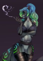 1girls 2020 5_fingers anthro arm_under_breasts aurora_(kamikazekit) black_clothing black_lingerie black_sclera blue_eyes blue_hair blue_markings breasts cigarette cigarette_holder cigarette_smoke clothing digital_media_(artwork) eyebrows female fingers fish genitals green_body green_eyes green_hair green_markings green_pussy green_skin hair heart_shape hi_res holding_cigarette holding_object kristiana_puff legwear lingerie long_hair marine markings multicolored_hair multicolored_markings navel non-mammal_breasts pussy shark simple_background solo standing thigh_highs