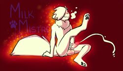 anthro bodily_fluids canid canine cum fox fur genital_fluids glowing male mammal masturbation milkmistress neck_fur nude orgasm pawpads raised_leg sitting solo watermark white_body white_fur