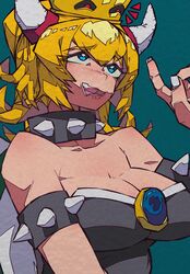 absurdres aqua_background artist_request black_dress blonde_hair blue_eyes bowsette breasts cleavage collar collarbone dress eyebrows_visible_through_hair female gem hair_between_eyes highres horns large_breasts looking_up mario_(series) new_super_mario_bros._u_deluxe nintendo open_mouth spiked_armlet spiked_collar spiked_shell spikes strapless strapless_dress turtle_shell upper_body yaya_hiyayaka