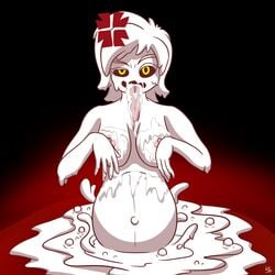 angry black_sclera boiling breasts bubble cum_on_body cumflation delirium_(the_binding_of_isaac) digital_media_(artwork) female glowing_eyes goo_creature goo_girl half_body inflated_belly long_tongue looking_at_viewer melting nipples outie_navel puddle rule_63 short_hair slime_girl tentacle the_binding_of_isaac trembling unknownlewder white_body white_hair white_skin yellow_eyes