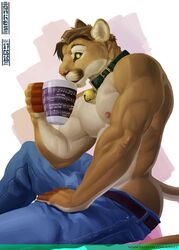 1boy 1male anhes anthro biceps body_fur brown_fur brown_hair collar drinking feline furry jeans jingle_bell looking_back looking_behind male male_nipples male_only masculine mug muscle muscles muscular_male pecs pointy_nipples simple_background solo tail topless two_tone_body two_tone_fur white_fur yellow_eyes