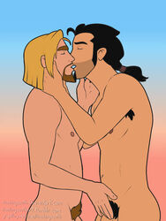 2boys armpit_hair beard black_hair deviantart dreamworks facial_hair gay headingsouth kissing male male_nipples male_only miguel nude out_of_frame_censoring ponytail pubic_hair stubble the_road_to_el_dorado tulio_(the_road_to_el_dorado) yaoi yellow_hair